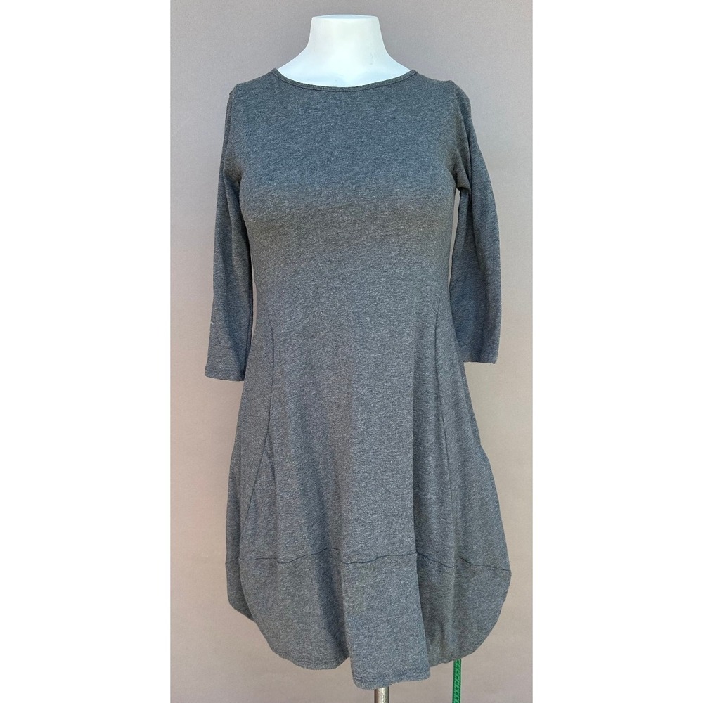 Lost Petal Linens Dress 3/4 Sleeve Bubble Hem Heathered Gray Cotton Mini Modest